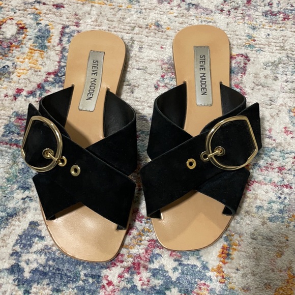 Black suede with gold bucket strap sandals - Picture 3 of 7